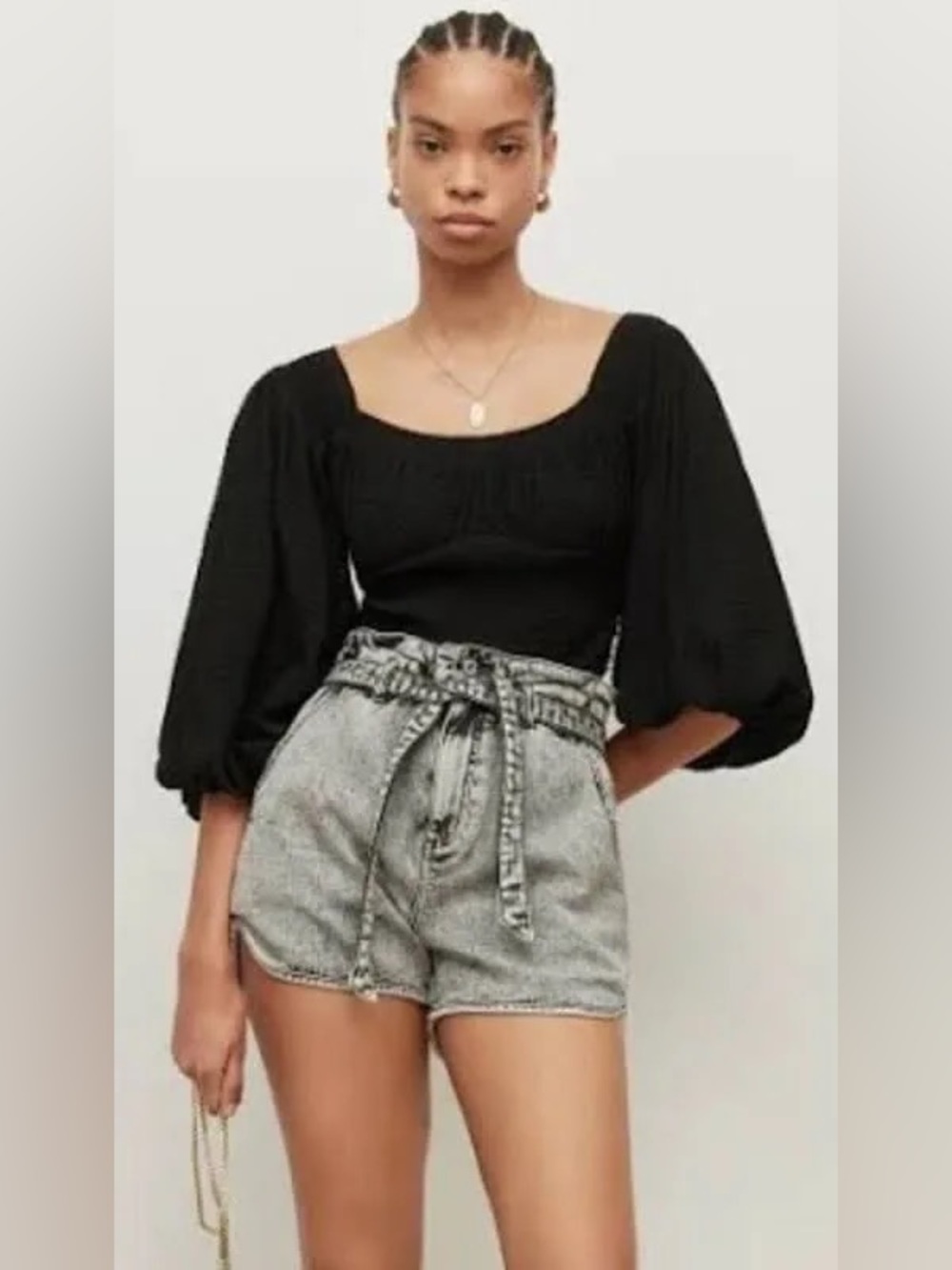 AllSaints Black Tia Textured Smocked Off-Shoulder Crop Top US 6